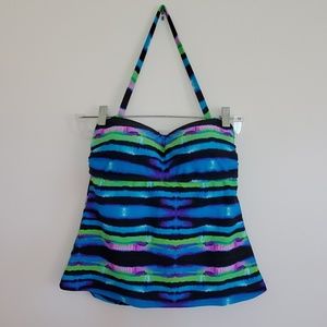 Aqua Couture Blue, Black, Green, & Pink Watercolor Striped Swimsuit TankiniTop M